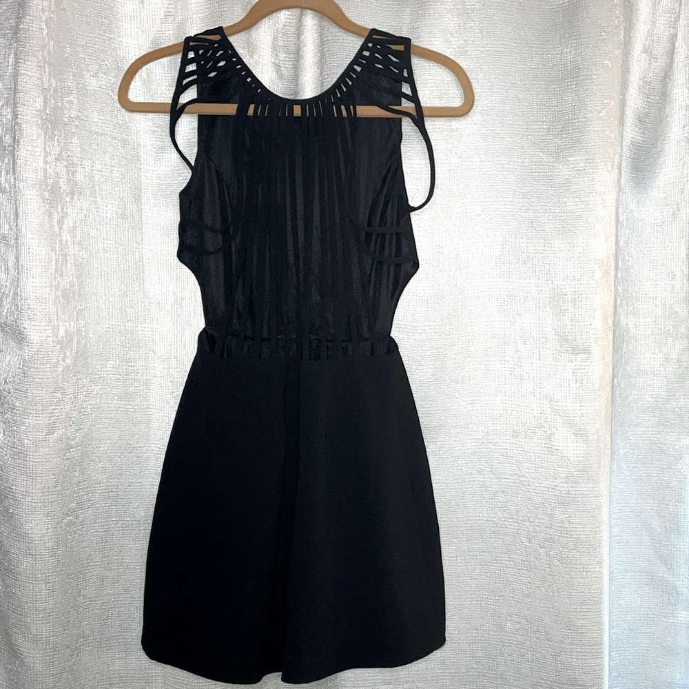 LBD- Black Mini Crepe Caged Backless Dress-Size SM